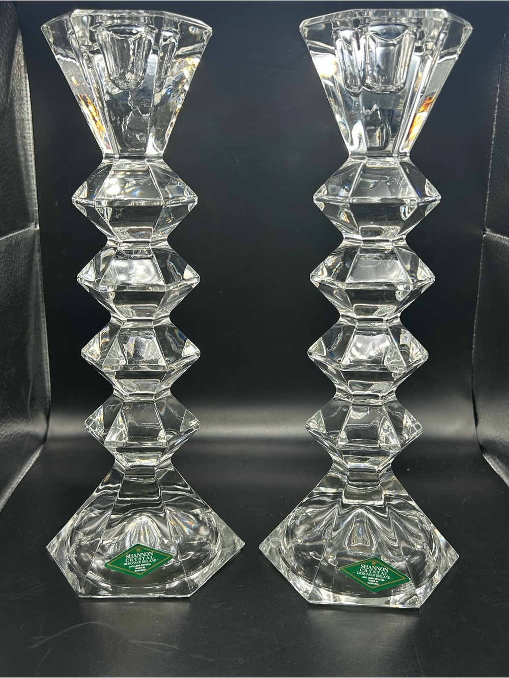 VTG Shannon Godinger Lead Crystal Candlesticks Pair Geometric Modern Design 10”